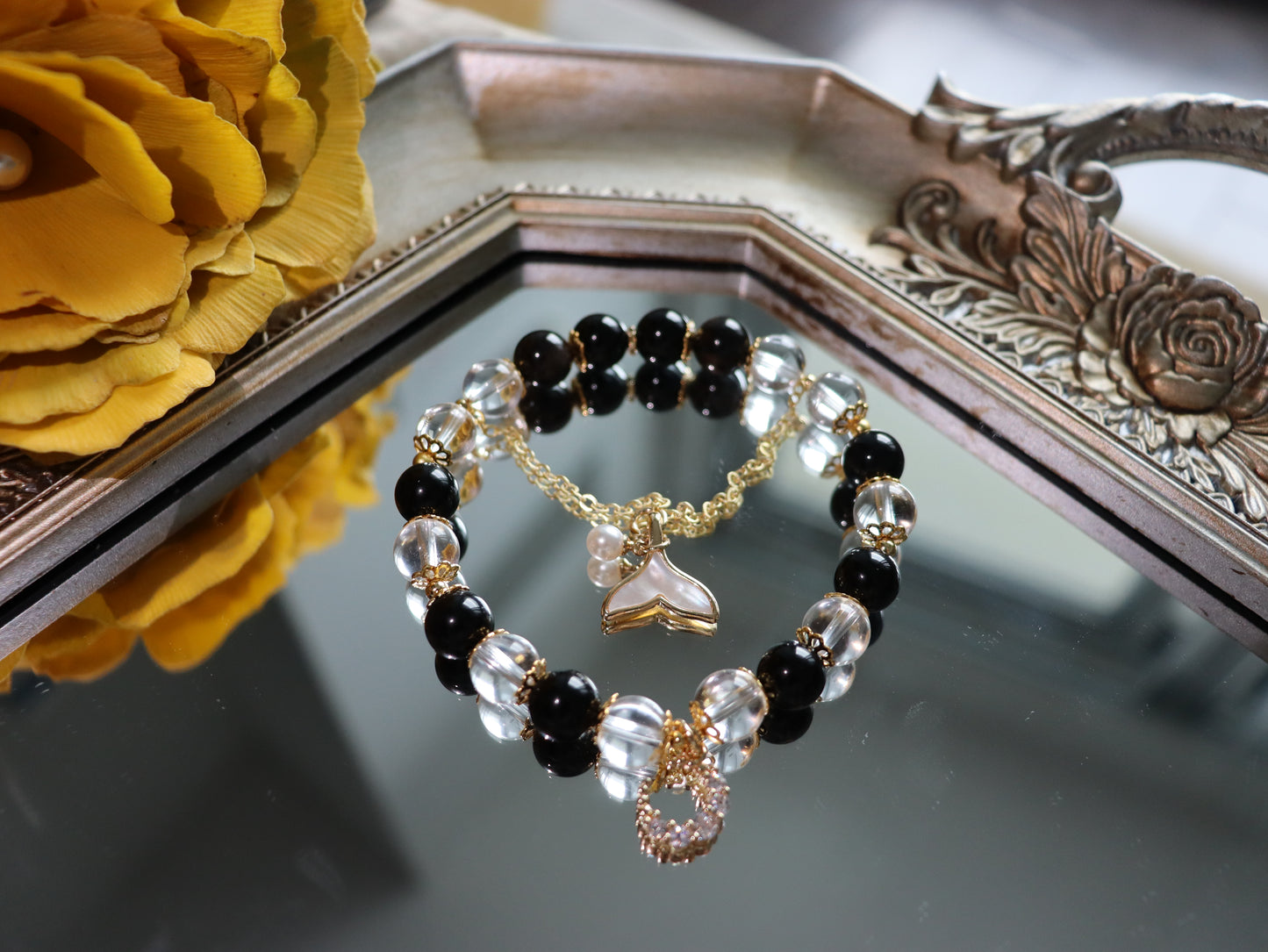 Elegant Obsidian & Rock Crystal Bracelet with 18K Gold Mother-of-Pearl Fish Tail and Moonstone Charm