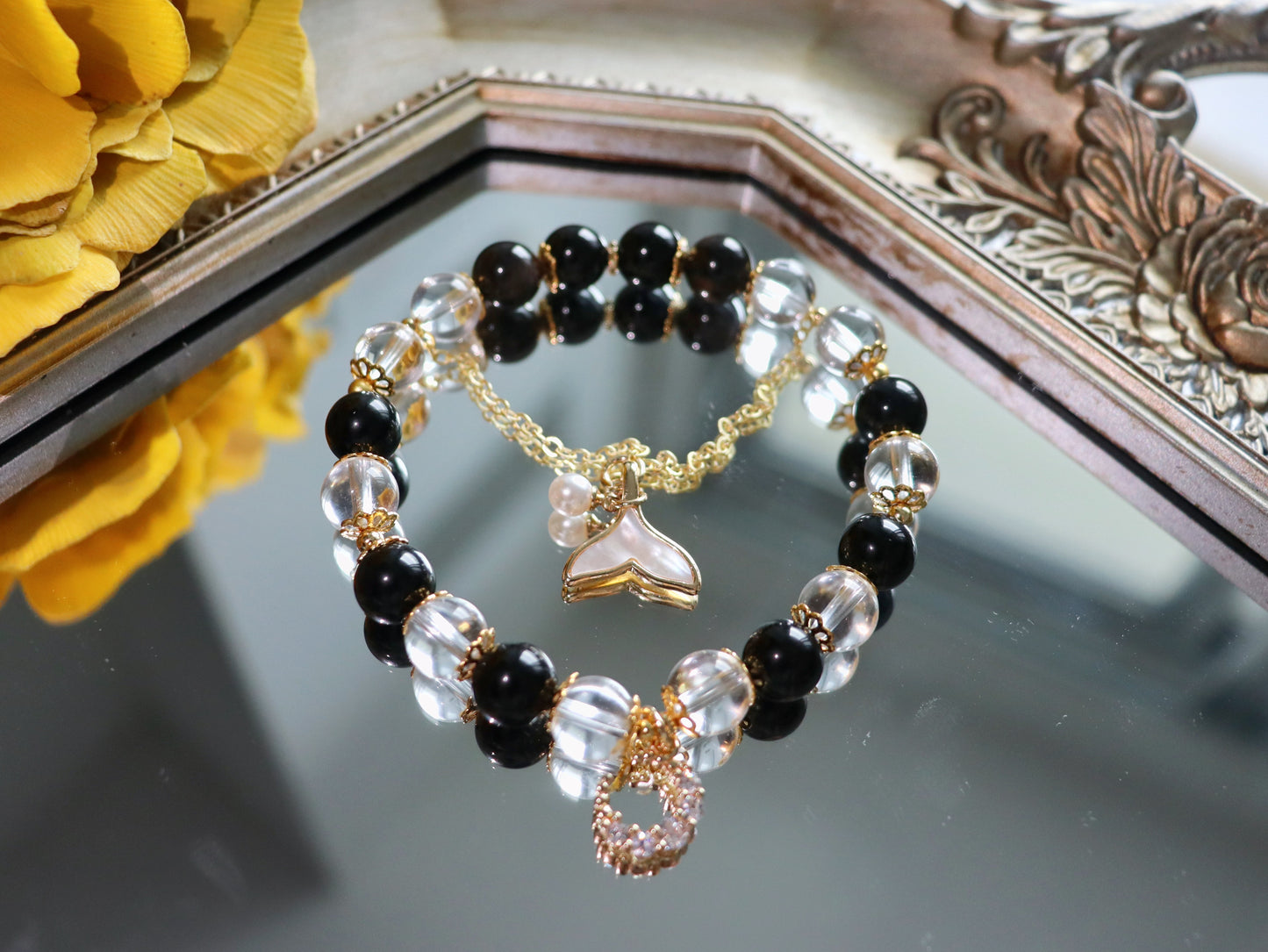 Elegant Obsidian & Rock Crystal Bracelet with 18K Gold Mother-of-Pearl Fish Tail and Moonstone Charm