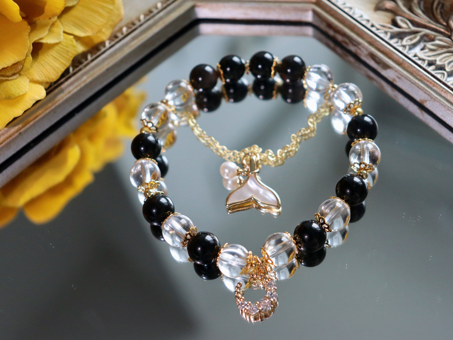 Elegant Obsidian & Rock Crystal Bracelet with 18K Gold Mother-of-Pearl Fish Tail and Moonstone Charm