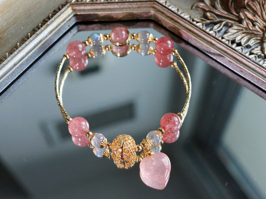 Strawberry Quartz & Rose Quartz Heart Bracelet with S925 Silver and 18K Gold Fortune Bead