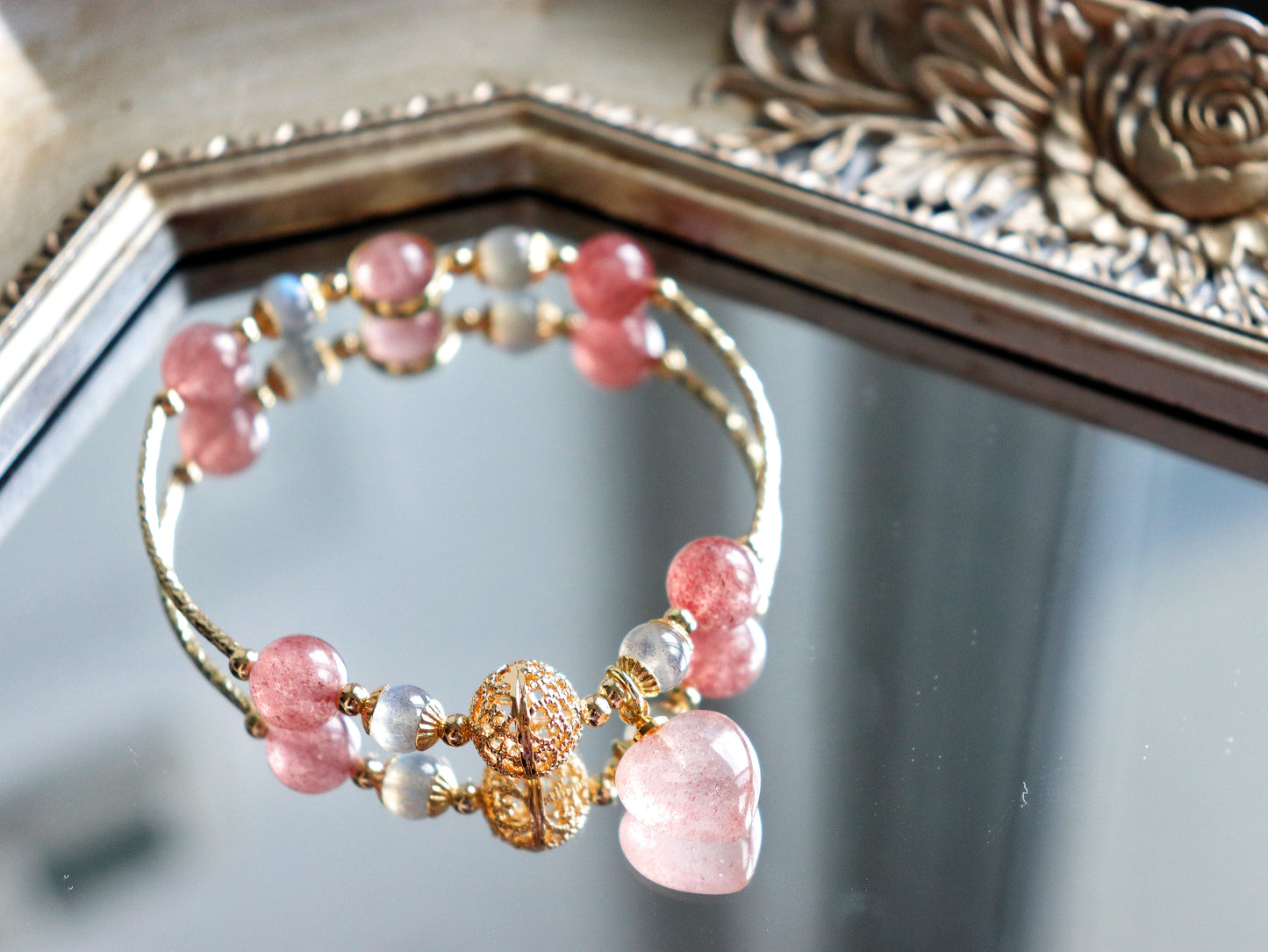 Strawberry Quartz & Rose Quartz Heart Bracelet with S925 Silver and 18K Gold Fortune Bead