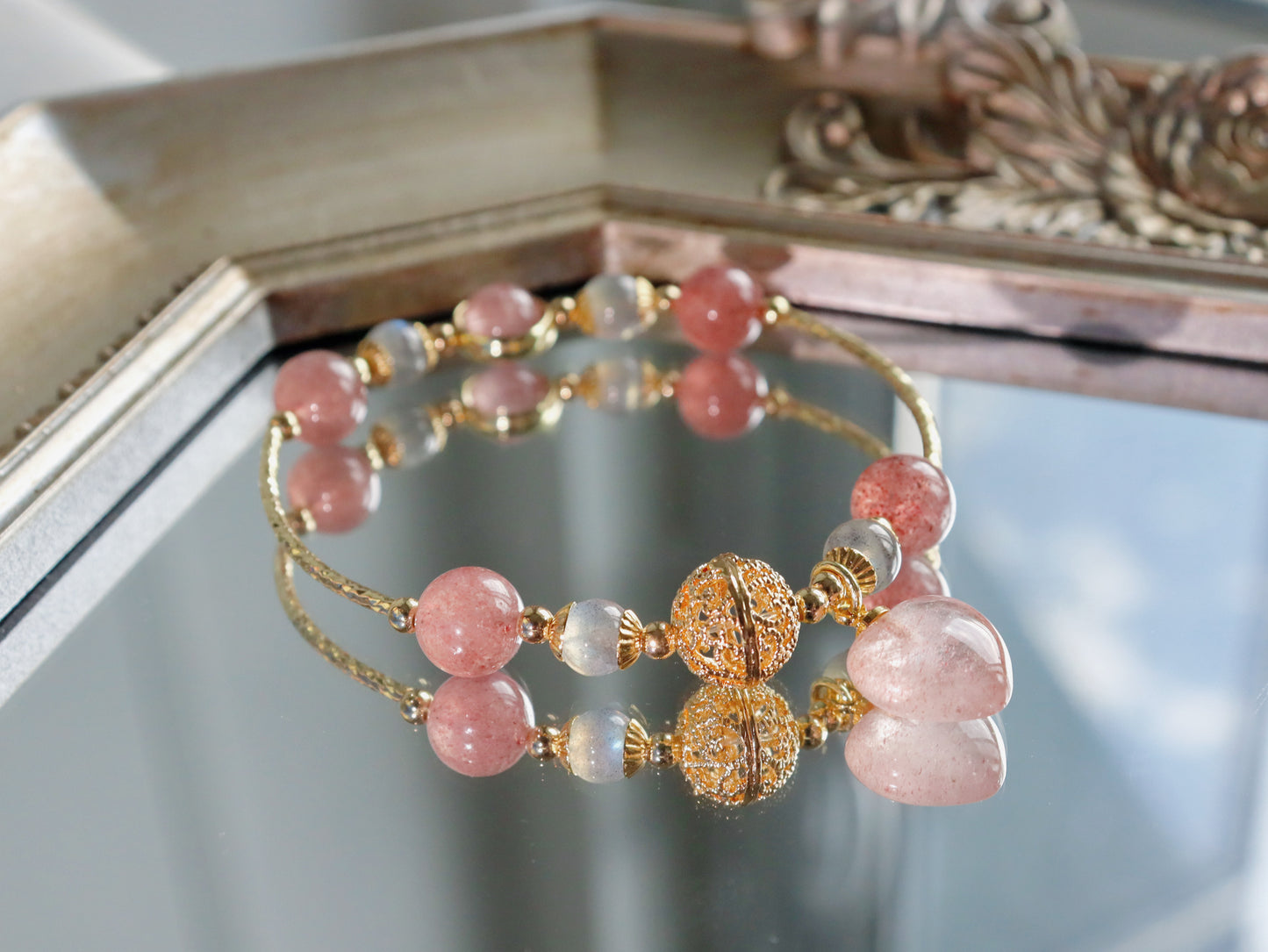 Strawberry Quartz & Rose Quartz Heart Bracelet with S925 Silver and 18K Gold Fortune Bead