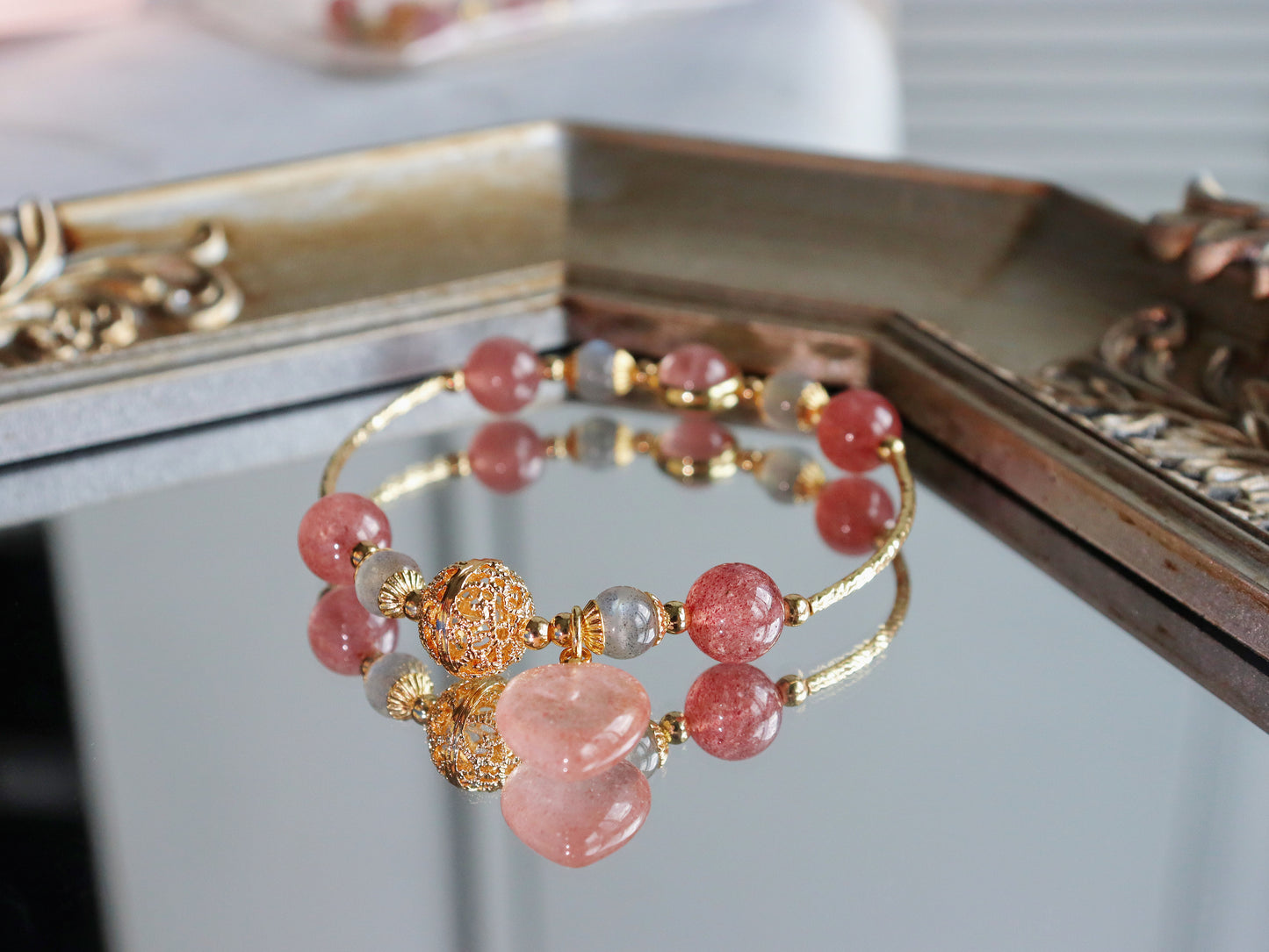 Strawberry Quartz & Rose Quartz Heart Bracelet with S925 Silver and 18K Gold Fortune Bead